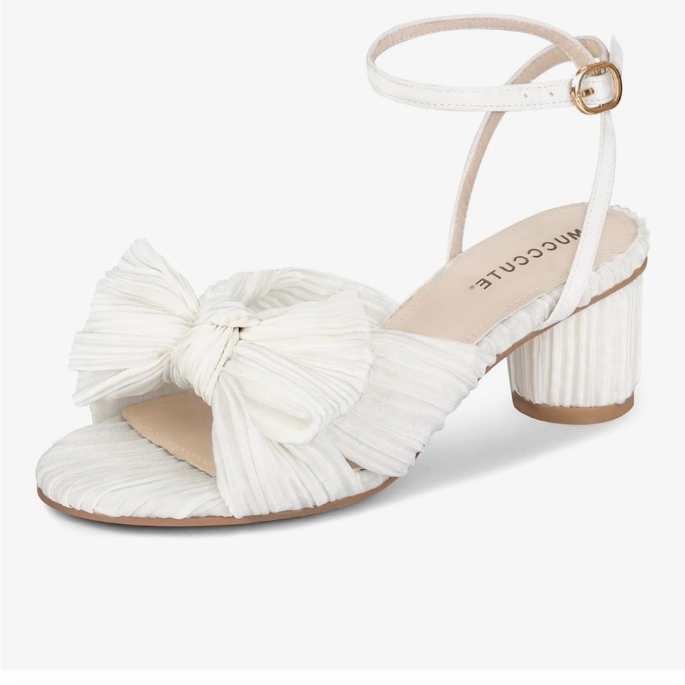 Miu Miu Cream Pleated Bow Block Heel Sandals